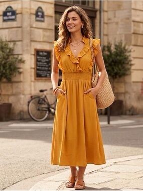 L Love || Sunset Mustard Ruffle Maxi Dress with Smocked Waist || medium